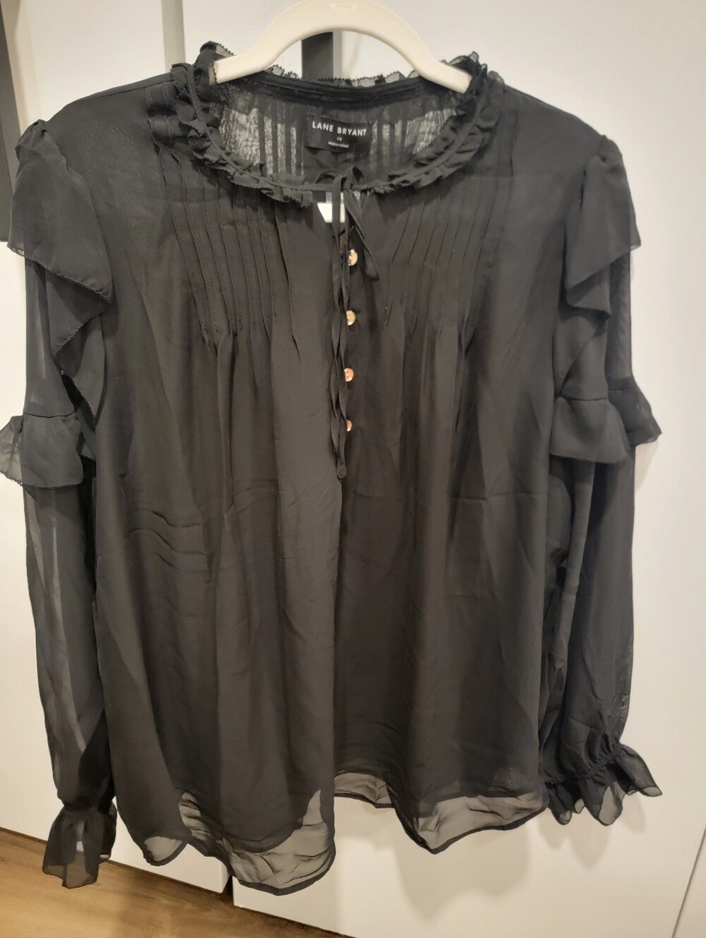 Lane Bryant Black Sheer Ruffle-Trim Pintuck Blouse